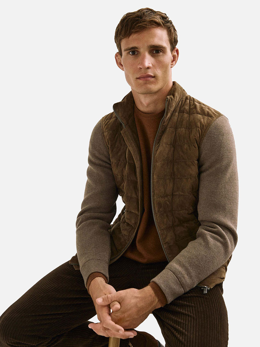 Suede jacket with contrast knit detail