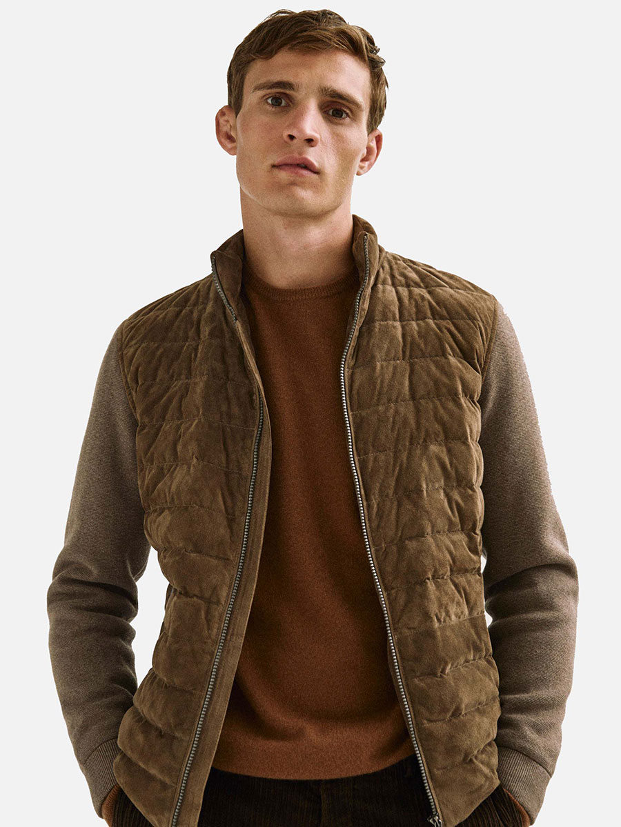 Suede jacket with contrast knit detail